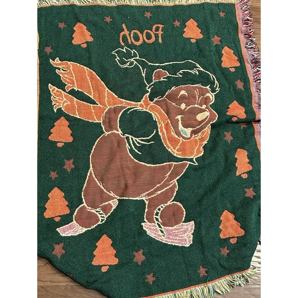 Disney Vintage Winnie the Pooh Skating Tapestry Afghan Throw Blanket Christmas